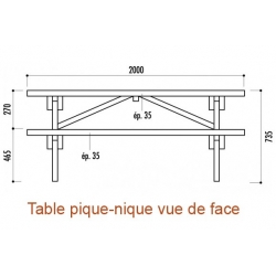 Mesures de la table aire de repos bois vue de face